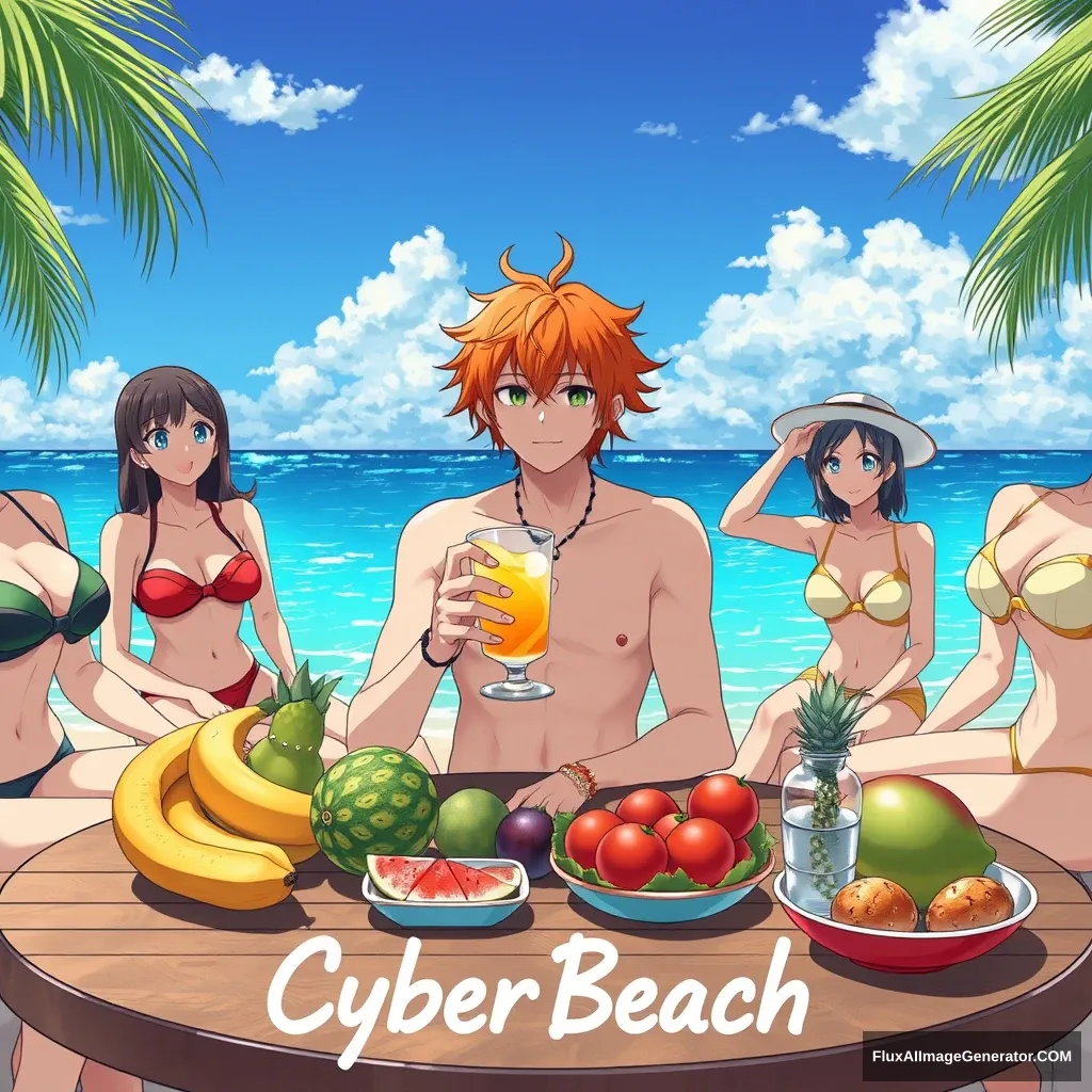 "Imagine the character 'Kurosuchi Ichigo' in the photo from this link: https://i.pinimg.com/originals/11/4e/13/114e13044642cb235c089b9d6551049d.jpg who is on vacation at the beach surrounded by beautiful anime girls in swimsuits, while drinking a cocktail. The character has orange hair. On the table, there are exotic fruits. Below, write in Italian 'A greeting from Kuro of CyberBeach'. With the word 'CyberBeach' in Cuban style. Detail 8k, hyper-realistic." - Image