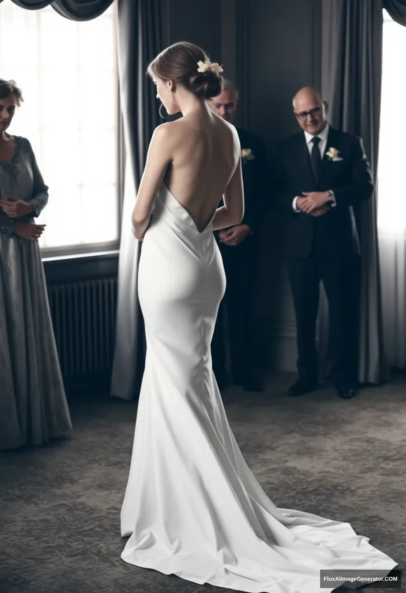 A short young woman, sensitive, delicate, backless strapless side-less low-waisted contouring wedding dress with a loose open back spilling open to the sides, that seems like it was left intentionally undone and exposed, in front of elder patriarchy, expectations, perfect posture.