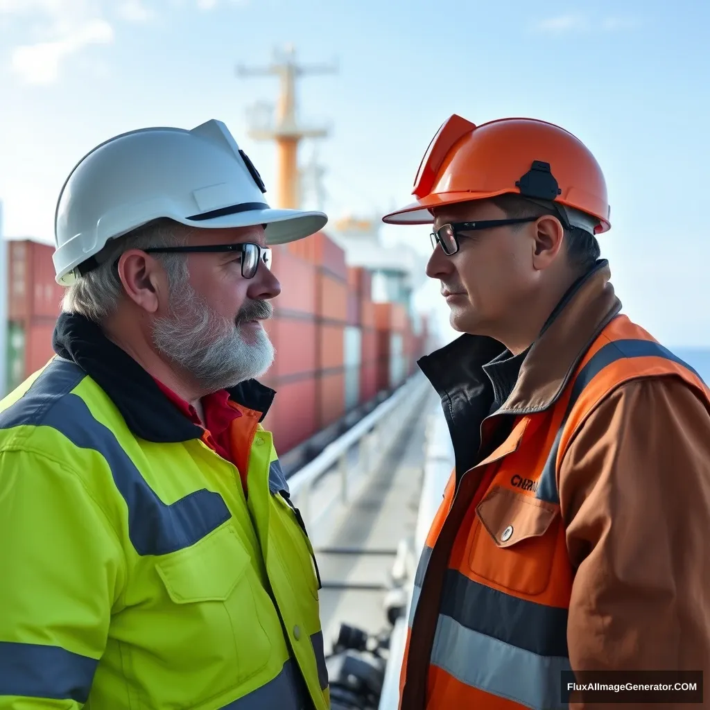 Onboard a container ship, the ship master is talking with an inspector.