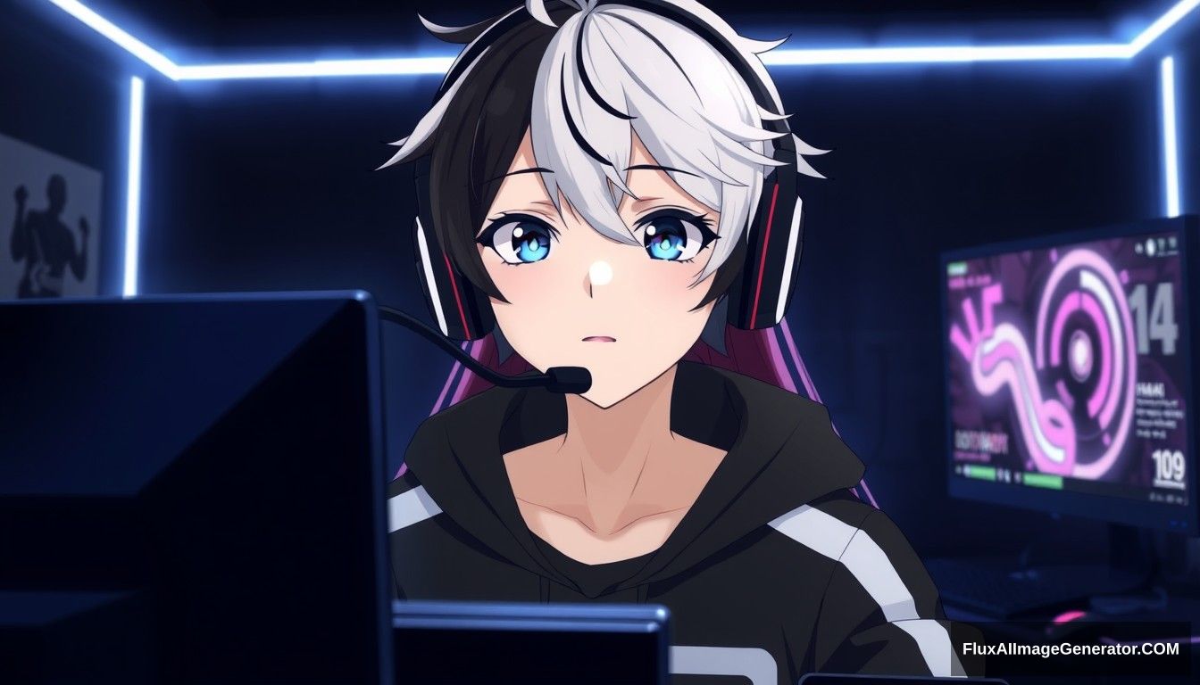 A boy in anime style with black and white hair, wearing headphones and a microphone, looking at his gaming setup monitors, in a black room with white neon lights in the background. - Image