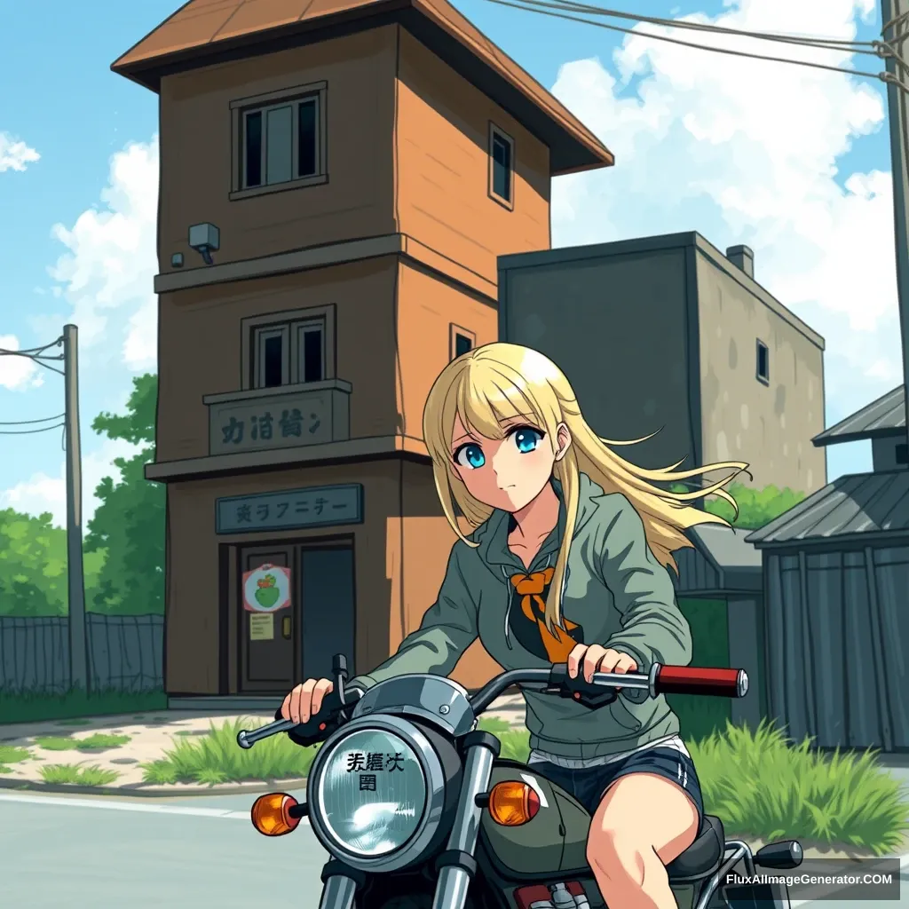 Next to the strange building, there is a blonde-haired, blue-eyed young woman riding a motorcycle, with Chinese characters, or Japanese would be fine too.