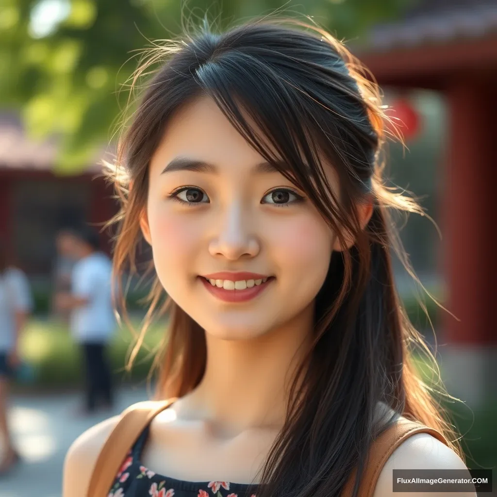 A pretty beautiful girl, Chinese, oval face, 18 years old, college student, summer. - Image