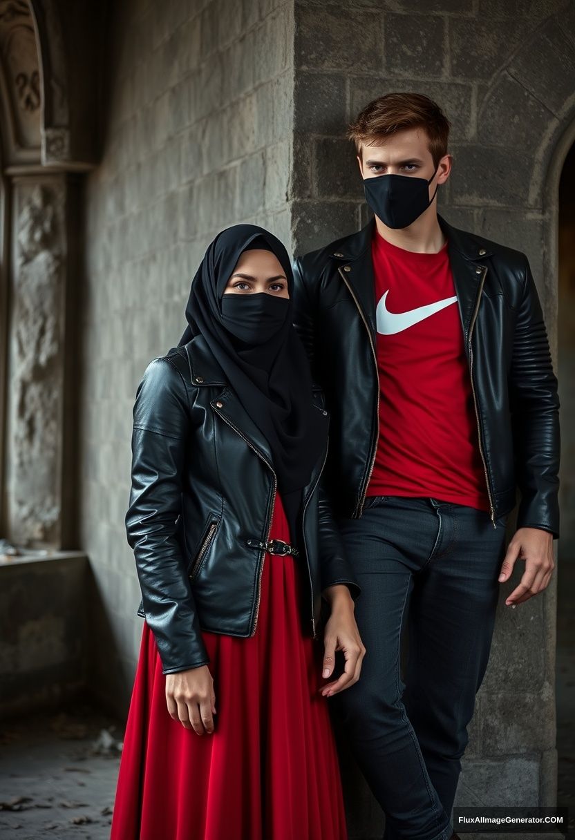 A biggest black hijab girl, beautiful eyes, face mask black, black leather jacket, biggest red longest dress, untall, standing near him,

Jamie Dornan, handsome, face mask black, fit and tough body, Nike red t-shirt, black leather jacket, jeans, tall man, laying at wall,

Hyper realistic, photorealistic, studio photography, Victoria's abandoned castle, gloomy.