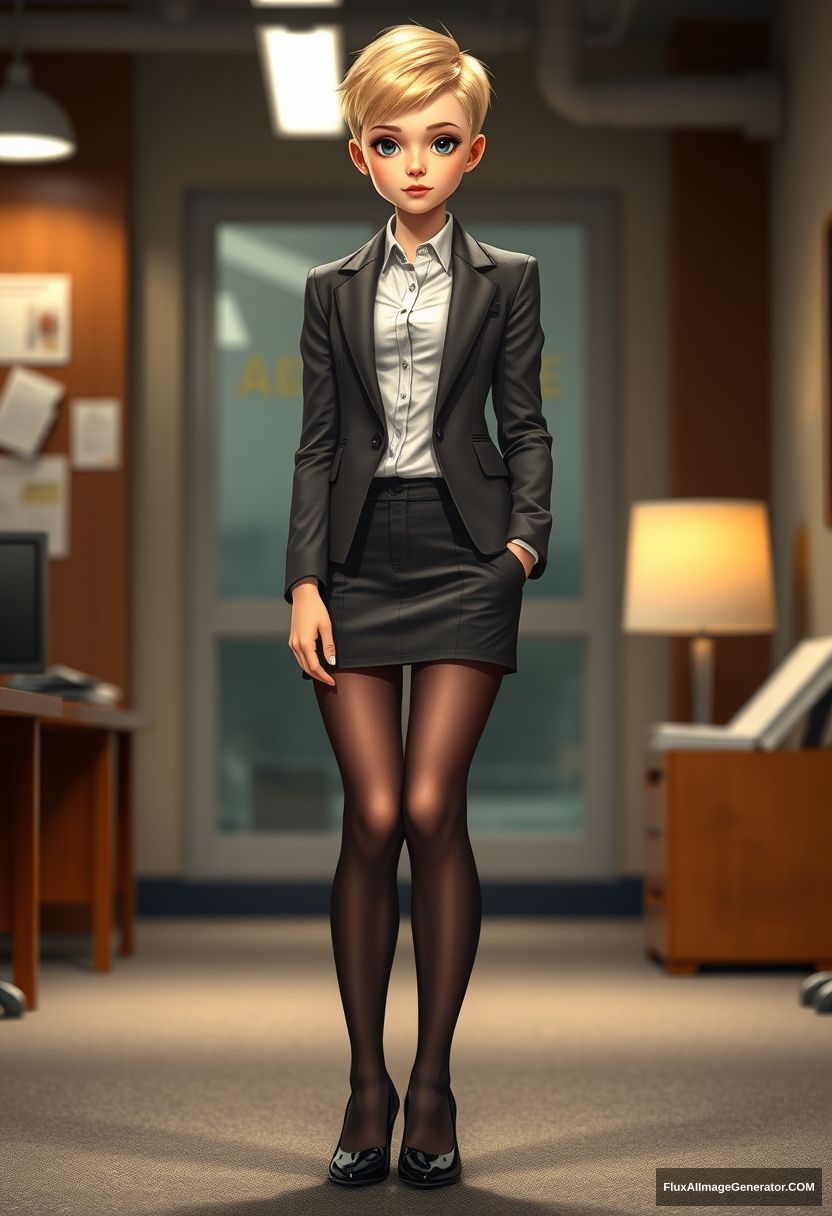 Skinny young blonde girl standing in a secretary outfit in a character environment, short pixie haircut, blazer, pantyhose, stiletto pumps. - Image