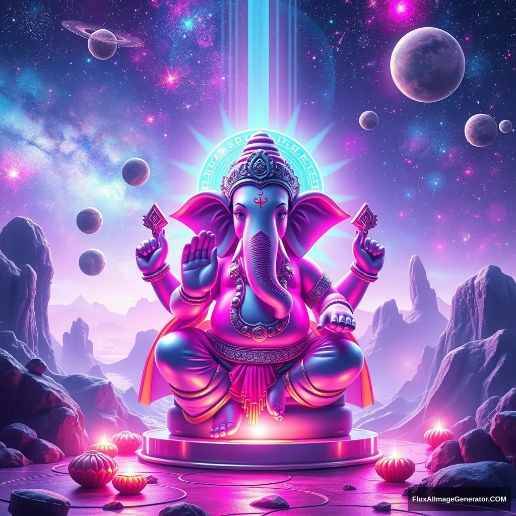 Create an out-of-this-world, futuristic depiction of the Ganesha festival. Imagine Lord Ganesha in a surreal cosmic setting, surrounded by floating galaxies, neon lights, and otherworldly landscapes. Use holographic and iridescent colors to highlight Ganesha’s form, blending traditional symbols like the elephant head and modaks with futuristic elements such as digital patterns and sci-fi motifs. Incorporate ethereal light beams, celestial bodies, and a sense of weightlessness to convey a cosmic celebration. The image should evoke a sense of awe and wonder, blending spiritual reverence with futuristic imagination.