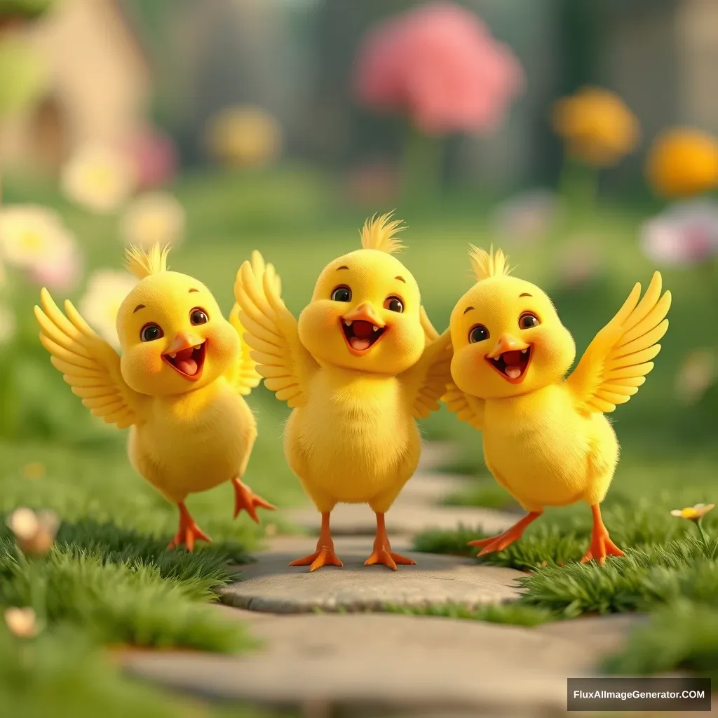 The little chicks cartoon 3D are flapping their wings with joy. - Image