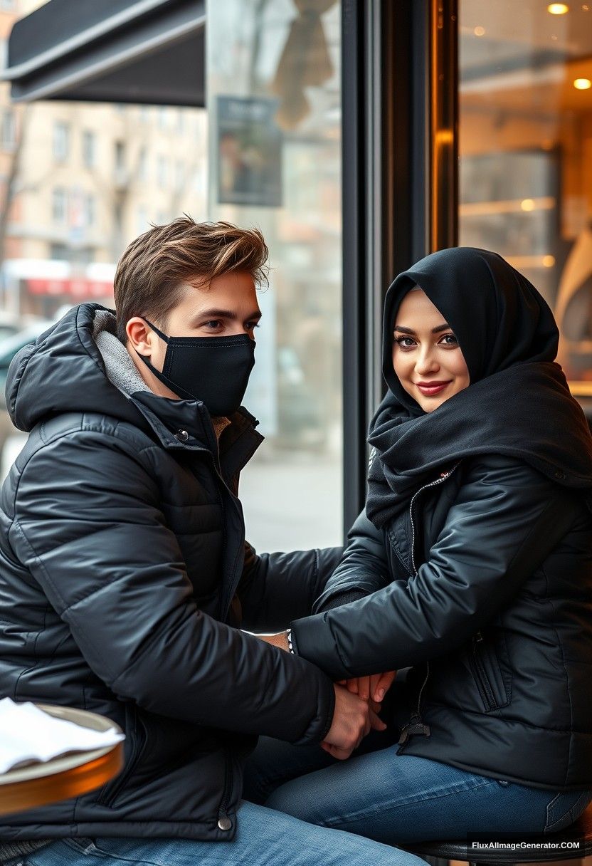 Jamie Dornan, handsome, young, black face mask, snow jacket, jeans, dating a beautiful Muslim girl in a big black hijab with beautiful eyes, black face mask, black leather jacket, winter scenery, sitting at a café near a glass window in town, photorealistic, street photography.