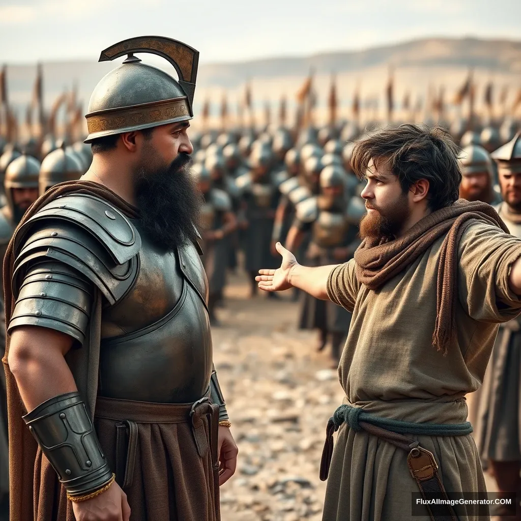 Create an image of two men standing apart and arguing while onlookers crowd around. The man on the right is a young man with his arms stretched out to the sides, a serious expression on his face, messy unkempt hair, and a beard, dressed in simple biblical-era shepherd’s clothing, sternly looking into the left eye of the other man. The other man is built like a slim athlete, appears middle-aged, has a Jewish black beard, and is wearing a full suit of Bronze Age Mesopotamian armor made of laminated strips of bronze, complete with a conical helmet with a pointed tip. The background depicts a blurred crowd of soldiers also wearing armor similar to that of the king. Standing on the horizon further back is a blurred front of a large biblical-era army. The overall mood of the image is one of anxiety and concern. - Image