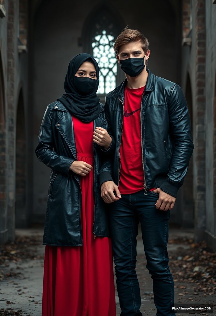 A biggest black hijab girl, beautiful eyes, face mask black, black leather jacket, biggest red longest dress, untall, standing near him and love, hold his arm,

Jamie Dornan, handsome, youngest, face mask black, fit and tough body, Nike red t-shirt, black leather jacket, jeans, red sneaker, tall man, standing near her

Hyper realistic, photorealistic, studio photography, Victoria's abandoned castle, gloomy. - Image