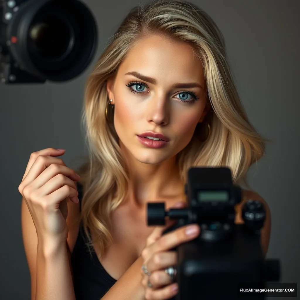 A beautiful blonde model doing a photoshoot, looking straight at the camera. - Image