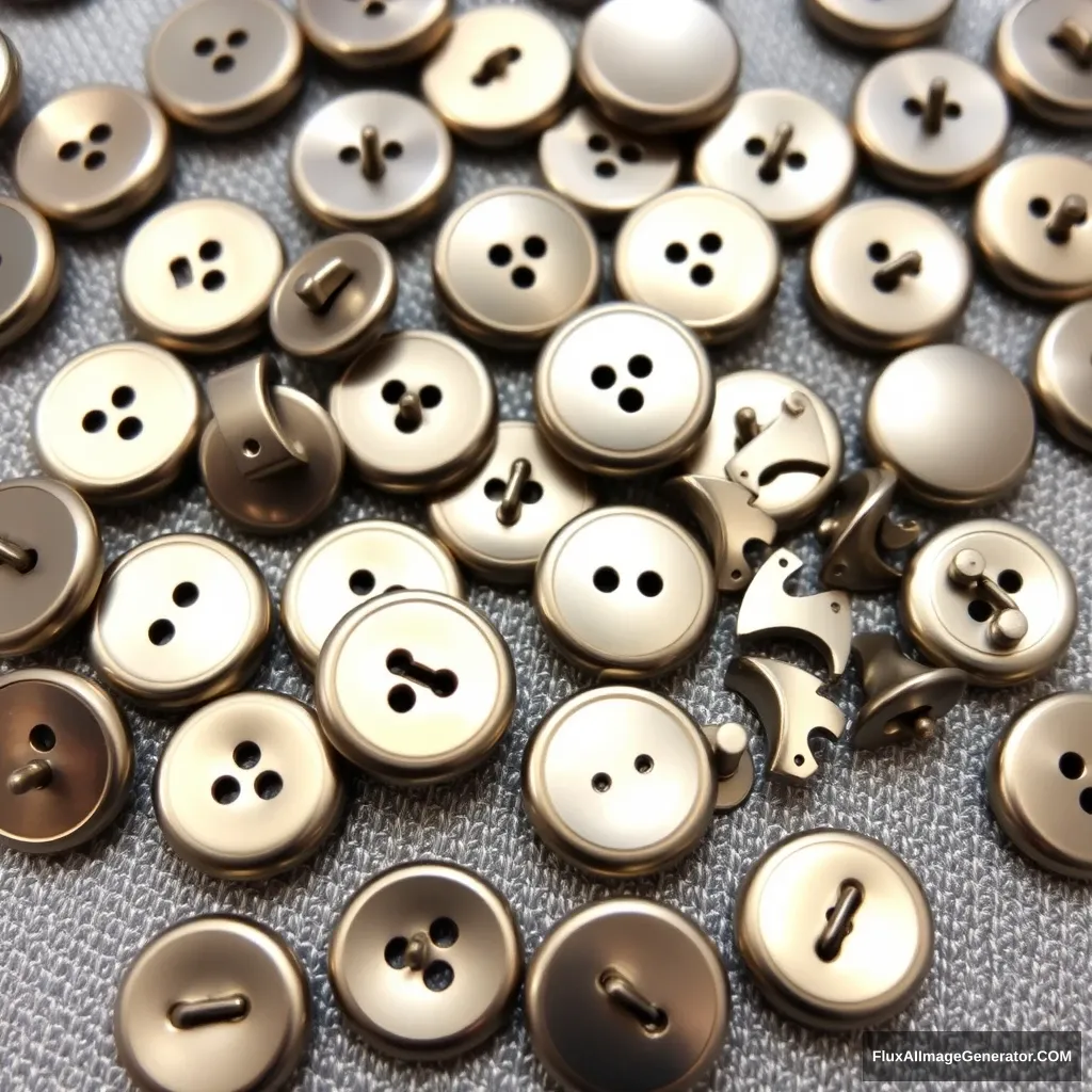 Metallic feel background with many metal buttons; the buttons are for garment accessories, some metal studs with multiple shapes. - Image