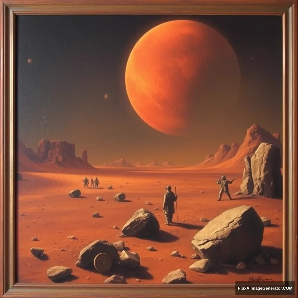 I want a painting in the Rembrandt style of what life on Mars would look like.