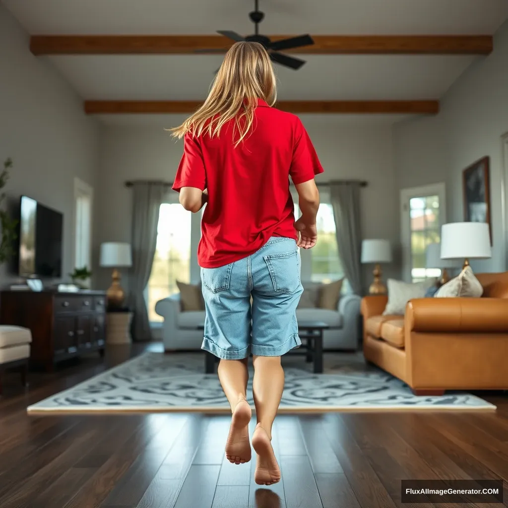 Back view of a blonde skinny woman in her massive living room, wearing an oversized red polo t-shirt that is off balance on one shoulder, and oversized light blue denim shorts that are unrolled. She is barefoot and facing the camera while getting off her chair and running towards it. - Image