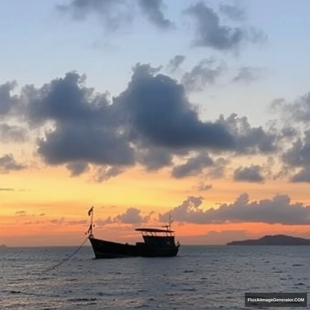 A boat on the sea, evening, sunder.