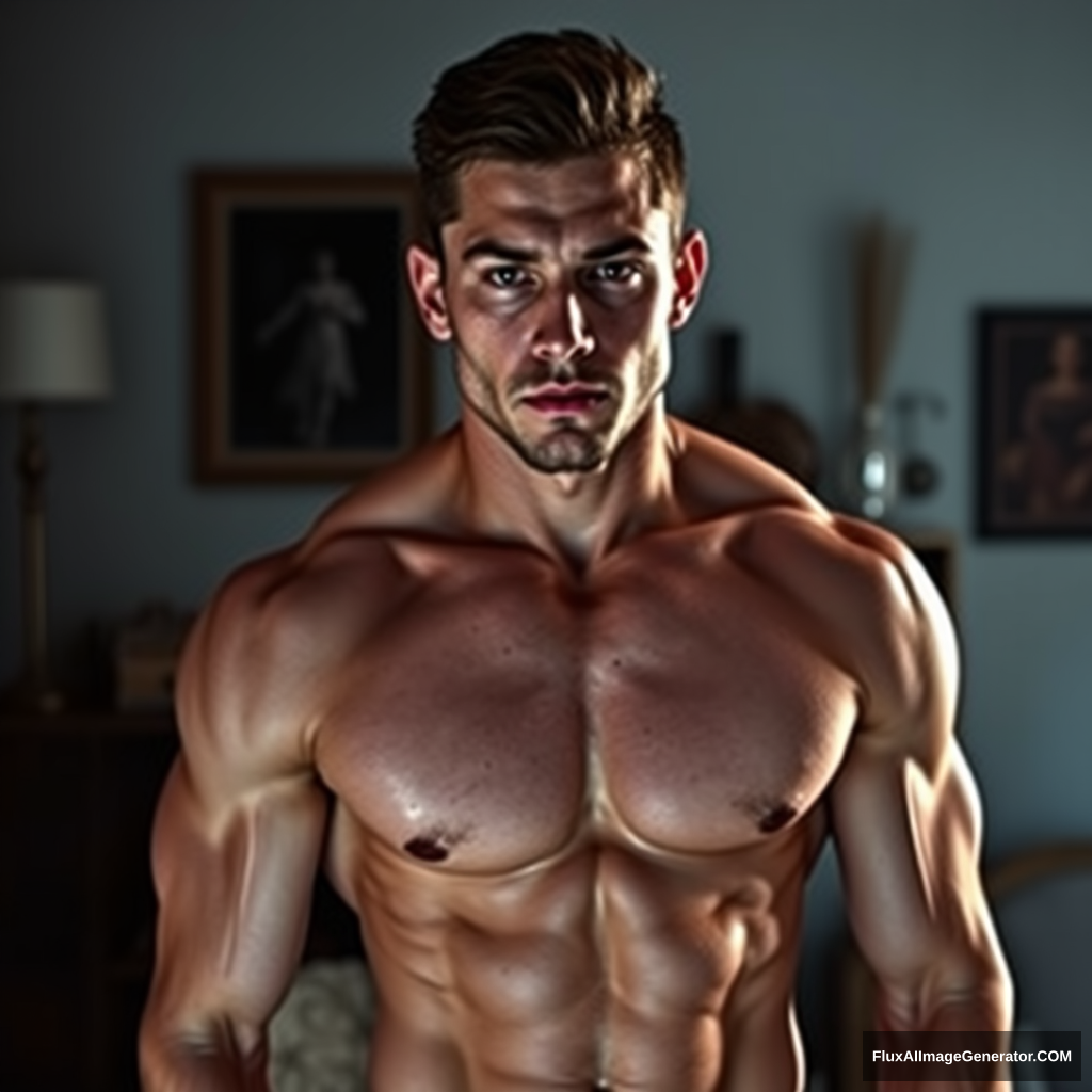 A guy with veiny abs and muscles for a profile picture; don't show the guy's face, just make the picture up to his neck and make it look like he is in a dark room with aesthetic items in the background. - Image