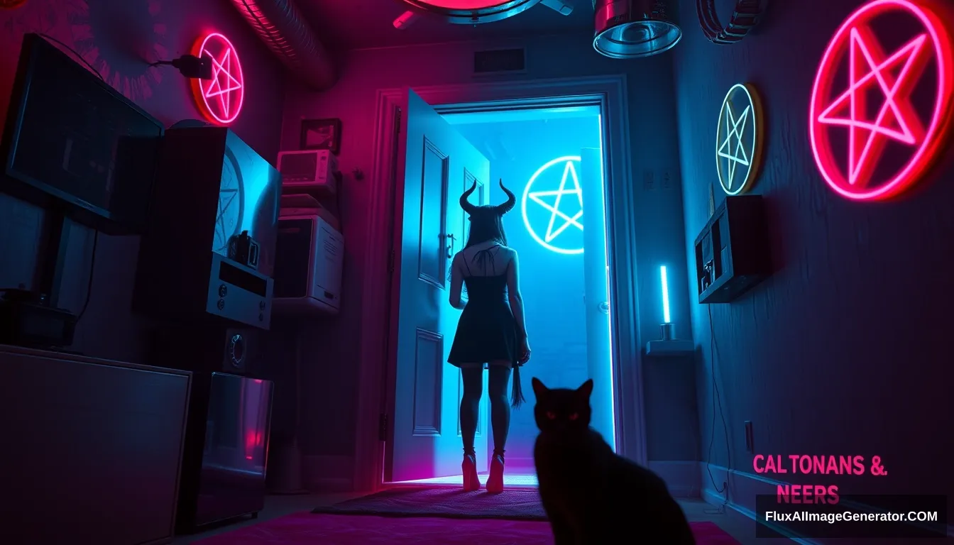 Portrait of a couple: A beautiful goth demon woman steps through a glowing door into a dimly lit cyberpunk room with vibrant neon hues reflecting off metallic surfaces, neon pentagrams on the wall and ceiling, and a black cat lurking. - Image