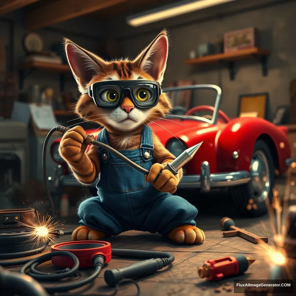 A whimsical Pixar-style anthropomorphic tabby cat, wearing blue overalls and safety goggles, diligently repairs a vintage red convertible. The cat wields a comically oversized soldering iron, surrounded by scattered tools and glowing sparks. Soft, warm lighting illuminates the cozy garage, creating a heartwarming atmosphere of determination and ingenuity.