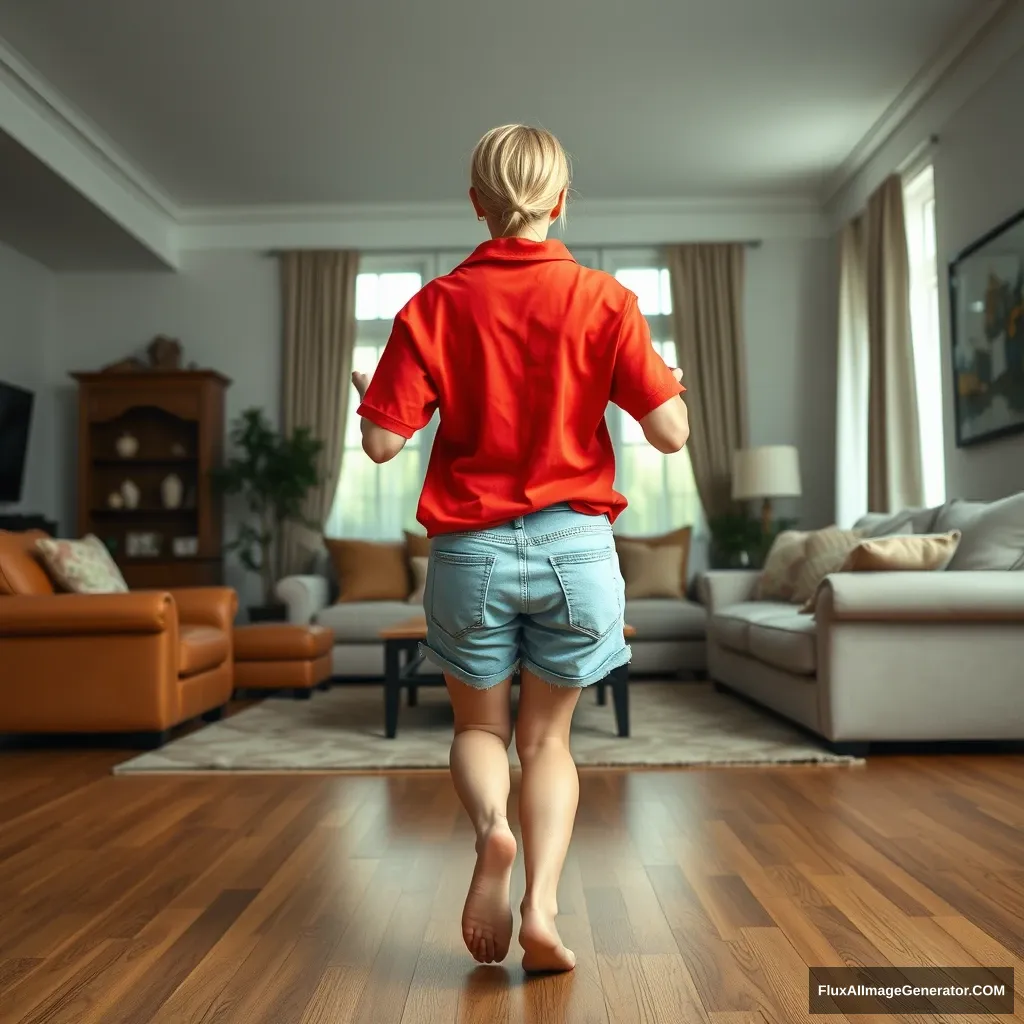 Front view of a blonde skinny woman in her massive living room, wearing a hugely oversized red polo T-shirt that is very uneven on one of her shoulders, and big light blue denim shorts that reach her knees. She is not wearing shoes or socks and faces the camera as she gets off her chair and runs towards it with both her arms straight down at her sides.