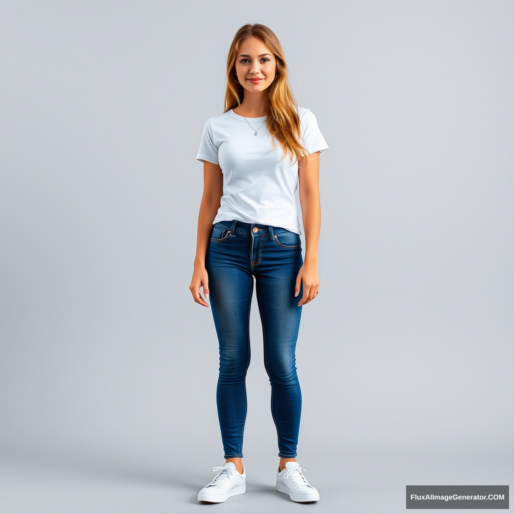 Beautiful woman 23 years old wearing tight low cut blue jeans and a tight white t shirt with white sneakers. - Image