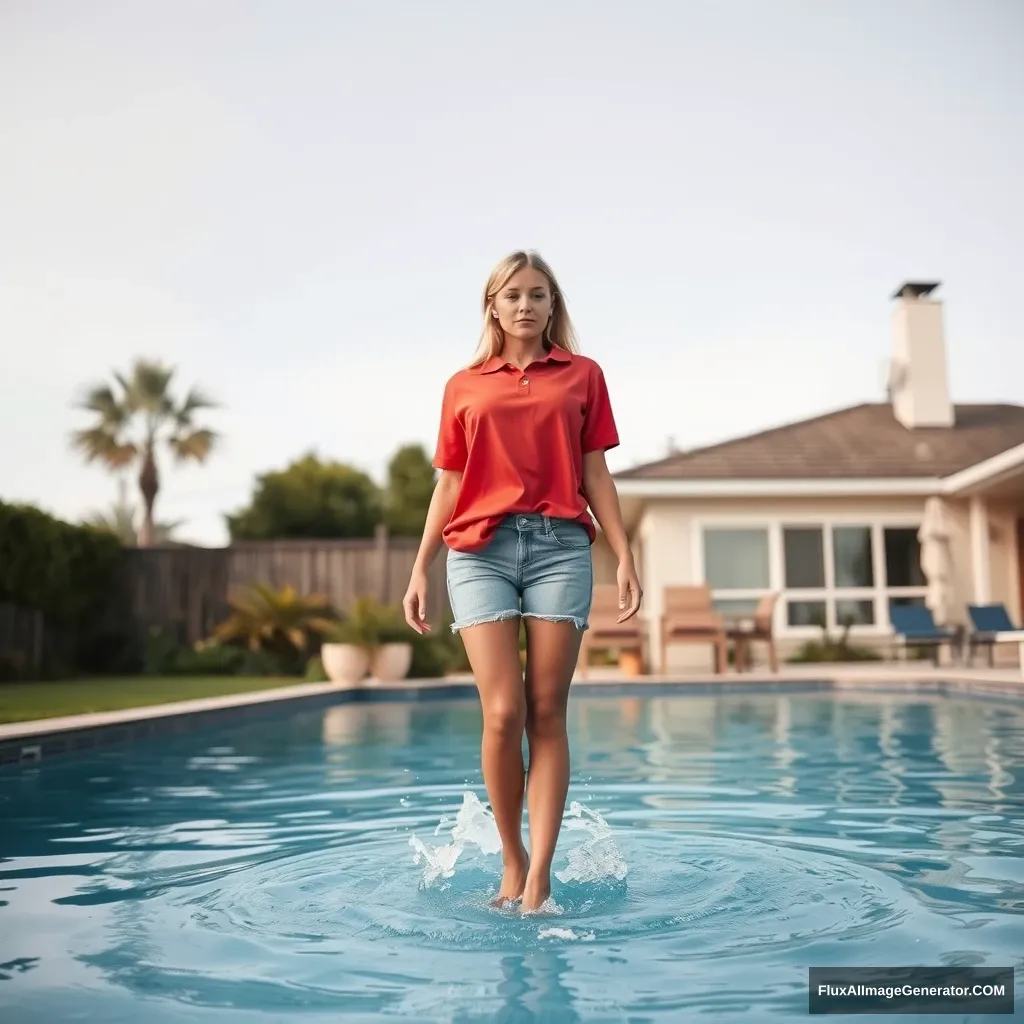 Front view of a young blonde skinny woman who has a good tan is in her early twenties is in her massive backyard wearing a massively oversized red polo t-shirt which is a bit off balance on one of the shoulders and the bottom part of her t-shirt is tucked out and she is also wearing M-sized light blue denim shorts and she is wearing no shoes or socks, she dives into her pool and her legs are straightened out and halfway underwater making a small splash. - Image