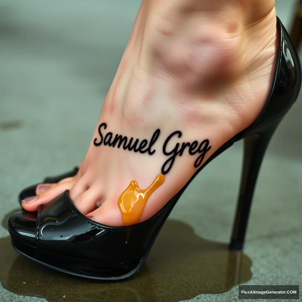 The name "Samuel Greg" on a woman's foot in a black high heel. There is oil all over the foot. - Image