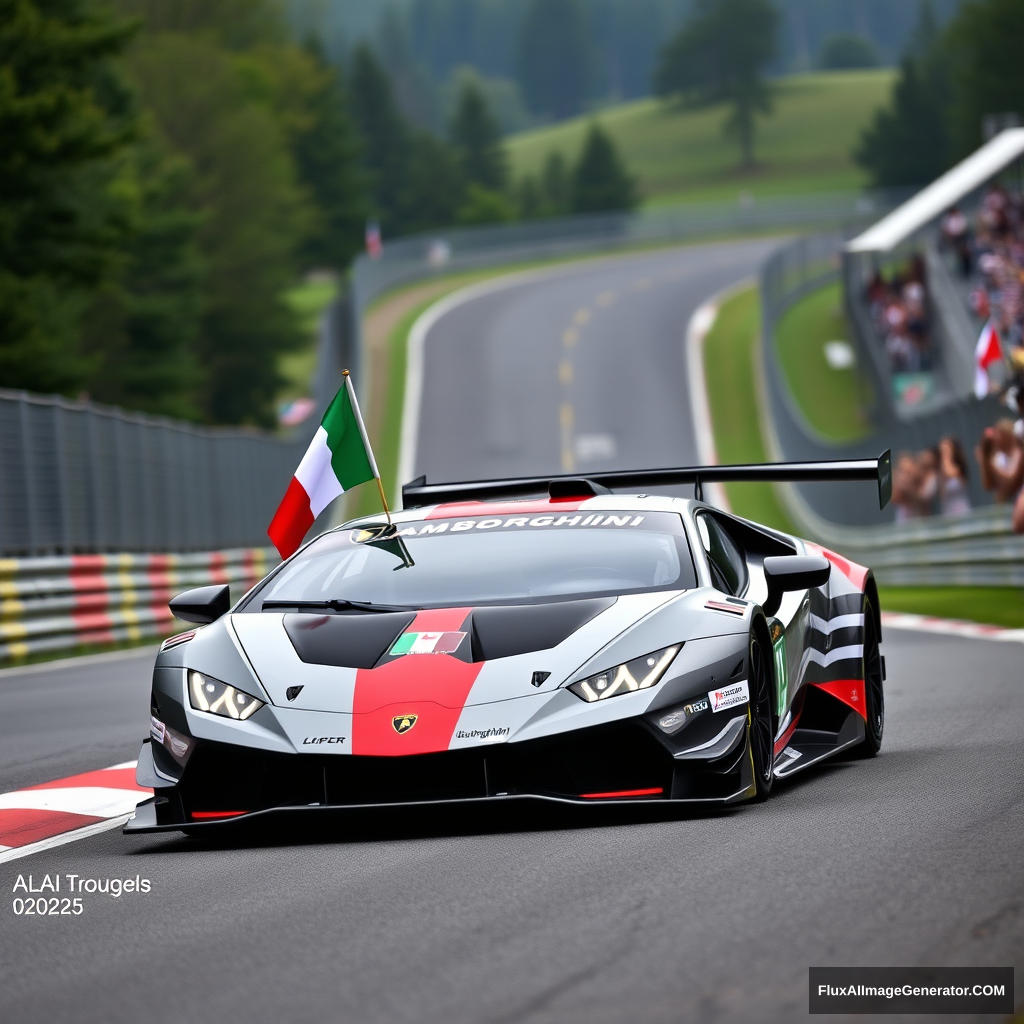 Lamborghini Super Trofeo, with a grey, red, black livery going up Eau Rouge, at Spa-Francorchamps, with an Italian flag on it, with girls cheering on the side. - Image