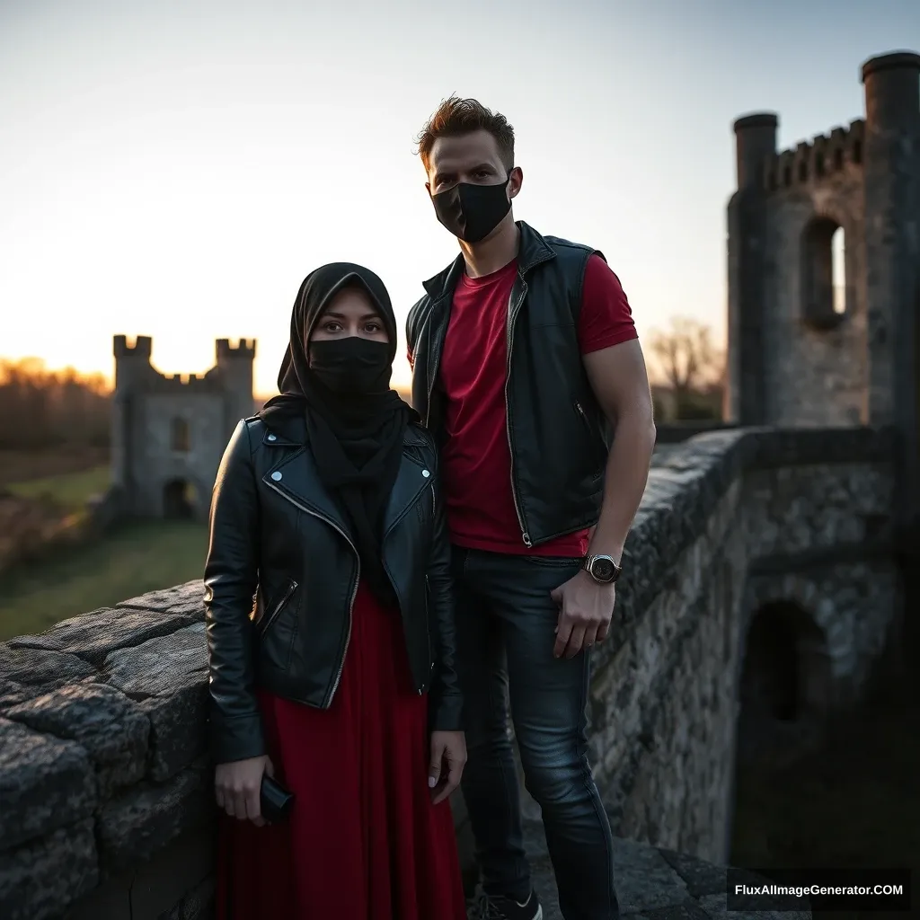 A biggest black hijab girl, beautiful eyes, face mask black, black leather jacket, biggest red longest dress, untall,

Jamie Dornan, handsome, face mask black, fit and tough body, Nike red t-shirt, black leather jacket, jeans, tall man, standing at wall together 

Hyper realistic, photorealistic, studio photography, Victoria's abandoned castle, sunrise.