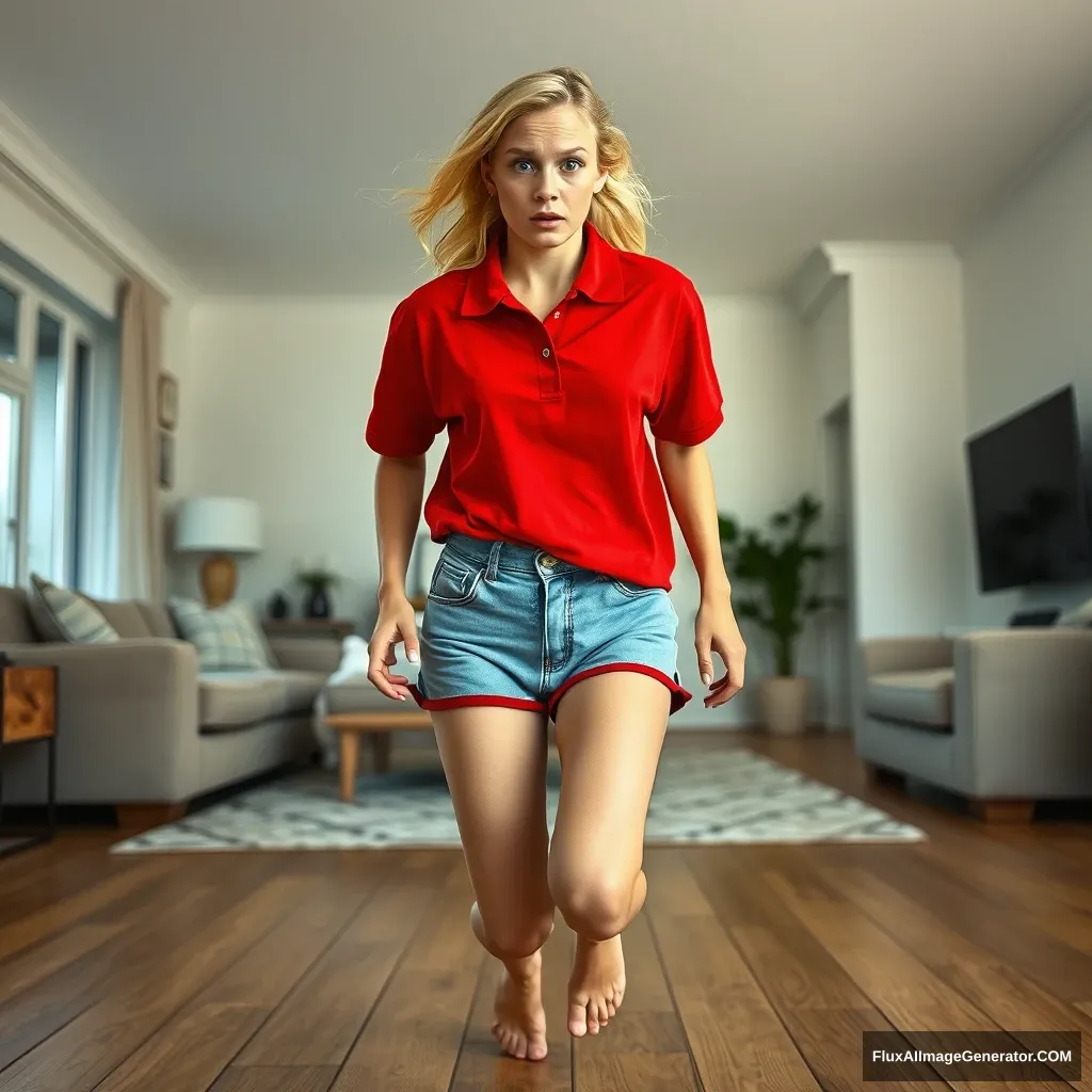 Front view of a blonde skinny woman in her early twenties, in her massive living room, wearing a massively oversized red polo t-shirt that is quite off balance on one shoulder and also untucked. She is wearing light blue denim shorts and no shoes or socks. She faces the camera, looking scared, and runs towards it with both arms straight down. - Image