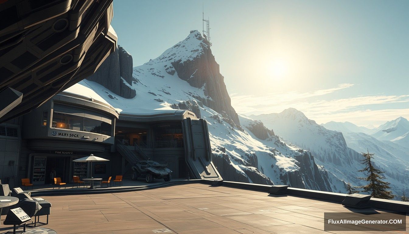 Cel shaded art, wide shot, a sci-fi center on the top of a snow mountain, open air, close look, cyberpunk, military base, Star Wars style, indoor, patio, morning, sunlight, fortress, mountain, rock, snow, tarmac, parking apron, cave, tree, landing field, cliff.