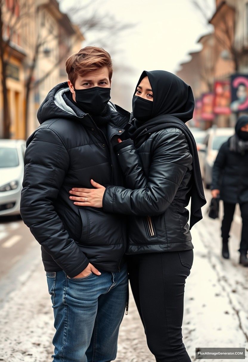 Jamie Dornan, handsome, young, black face mask, snow jacket, jeans, dating a beautiful Muslim girl in the biggest black hijab, beautiful eyes, black face mask, black leather jacket, winter scenery, standing together near a road in town, pinching each other's cheeks, photorealistic, street photography. - Image