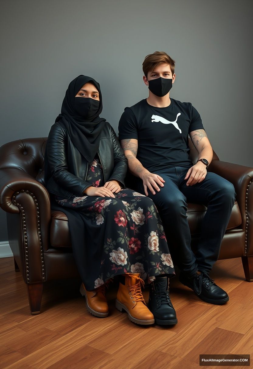 A biggest black hijab girl, slim girl, beautiful eyes, face mask black, black leather jacket, biggest floral long dress, Timberland boots, sitting on a leather single wing sofa,

Jamie Dornan, youngest, wearing a black Puma t-shirt, jeans, black leather sneakers, tall man, face mask black, fit body, sitting near her,

hyper realistic, studio photography.