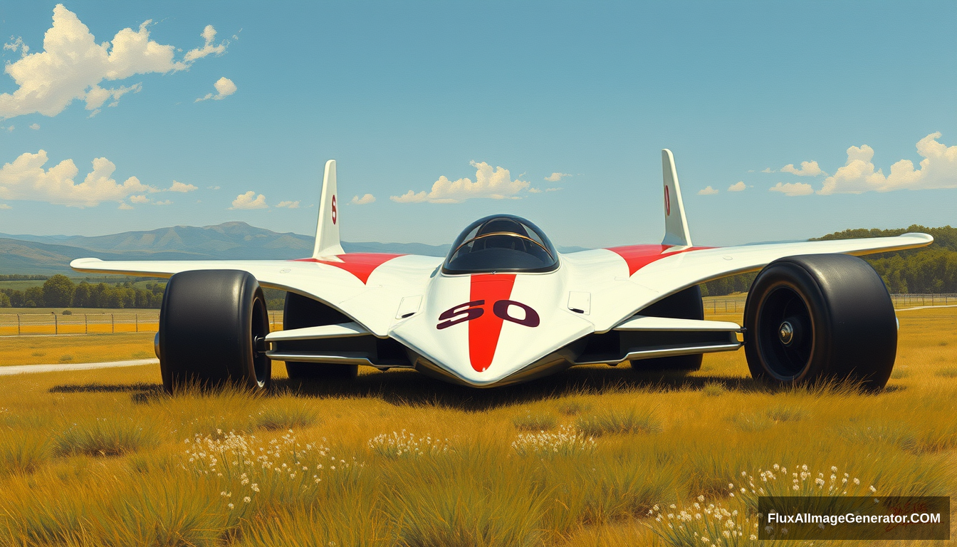 a 1960s futuristic wingless jet plane, based on a 1967 formula racecar, as painted by Syd Mead, country setting, 4k. - Image