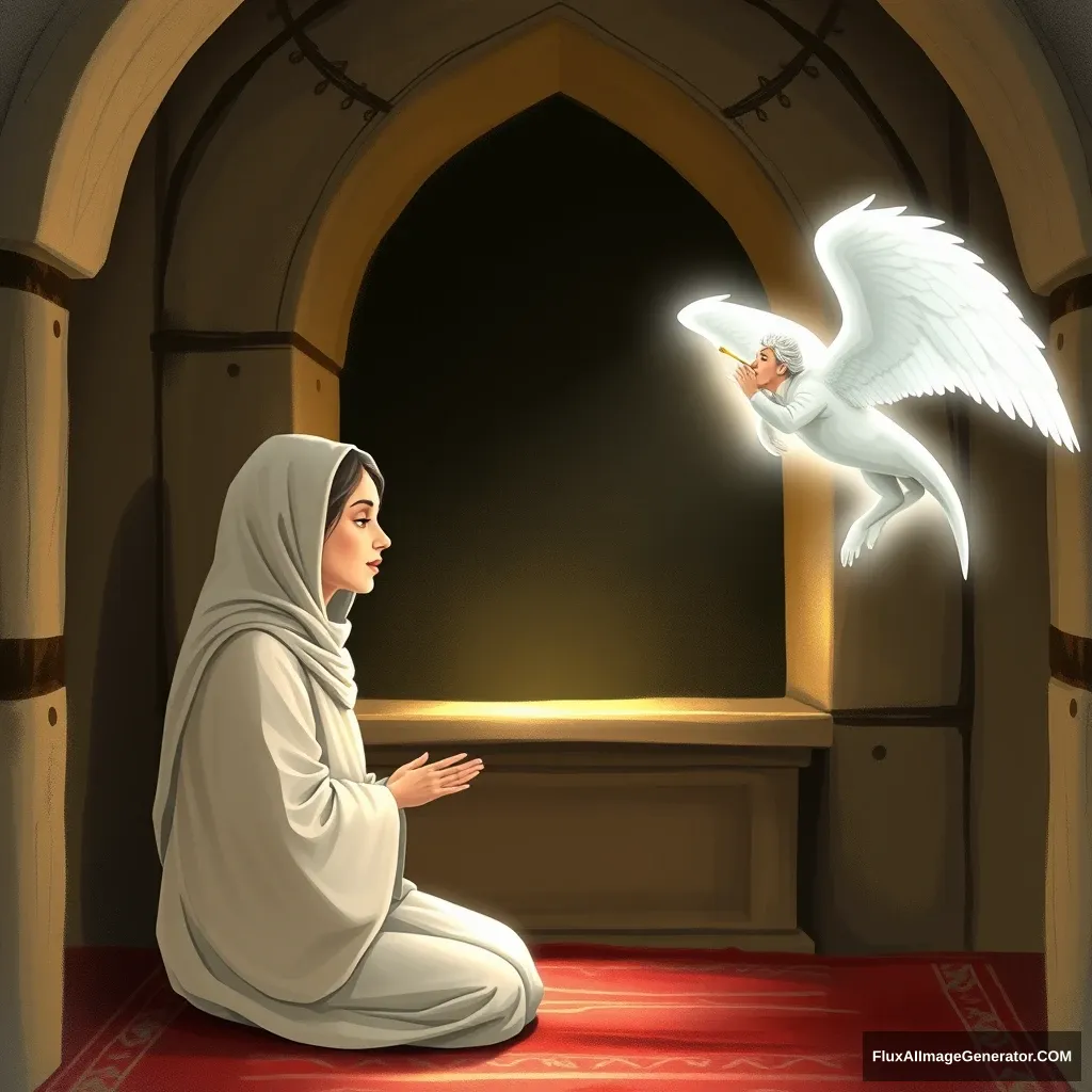 A peaceful scene inside a sacred temple. Maryam, a young woman with a serene expression, dressed in a simple robe, is praying in a small, dimly lit mihrab. Suddenly, an angel, Jibril, appears before her, radiating a gentle light. Jibril, in the form of a handsome man, speaks to her, while Maryam, initially startled, listens intently. The background is adorned with ancient stone walls, and the atmosphere is filled with a sense of divine presence and reverence.