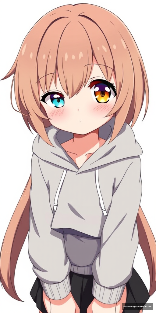 One anime girl with her left eye blue and her right eye yellow, and brown hair. She has a cute appearance, is short and has a full body, wearing a gray hoodie and a black skirt. - Image