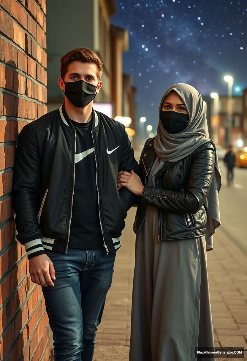 Jamie Dornan, youngest, black face mask, collage jacket, Nike t-shirt, jeans, tall man, fit body,

Dating, love with the biggest grey hijab Muslim girl, beautiful eyes, black face mask, leather jacket, biggest longest skirt, slim, not tall girl, love holding his arm,

Standing at a brick wall, spoiler, in town, night scenery, Milky Way, hyper-realistic, photorealistic, street photography.