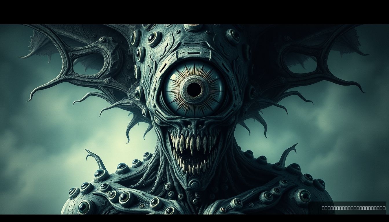 A horror monster, a human with a massive one-eyed face while his body is covered with eyes, full eyes.