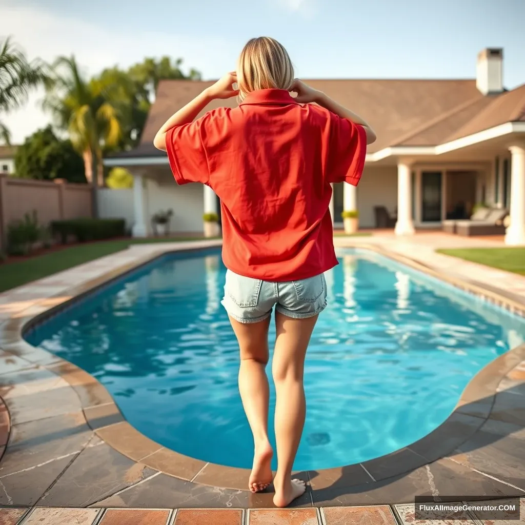 Back view of a young blonde skinny woman in her early twenties standing in her massive backyard, wearing a massively oversized red polo t-shirt that is slightly off balance on one shoulder, with the bottom part of her t-shirt tucked out. She's also wearing M-sized light blue denim shorts and no shoes or socks as she dives head first into her pool. - Image