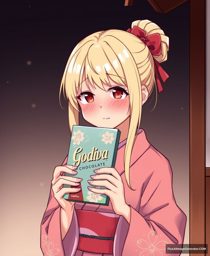 "Godiva chocolate, a crying blonde girl in a kimono is holding it."