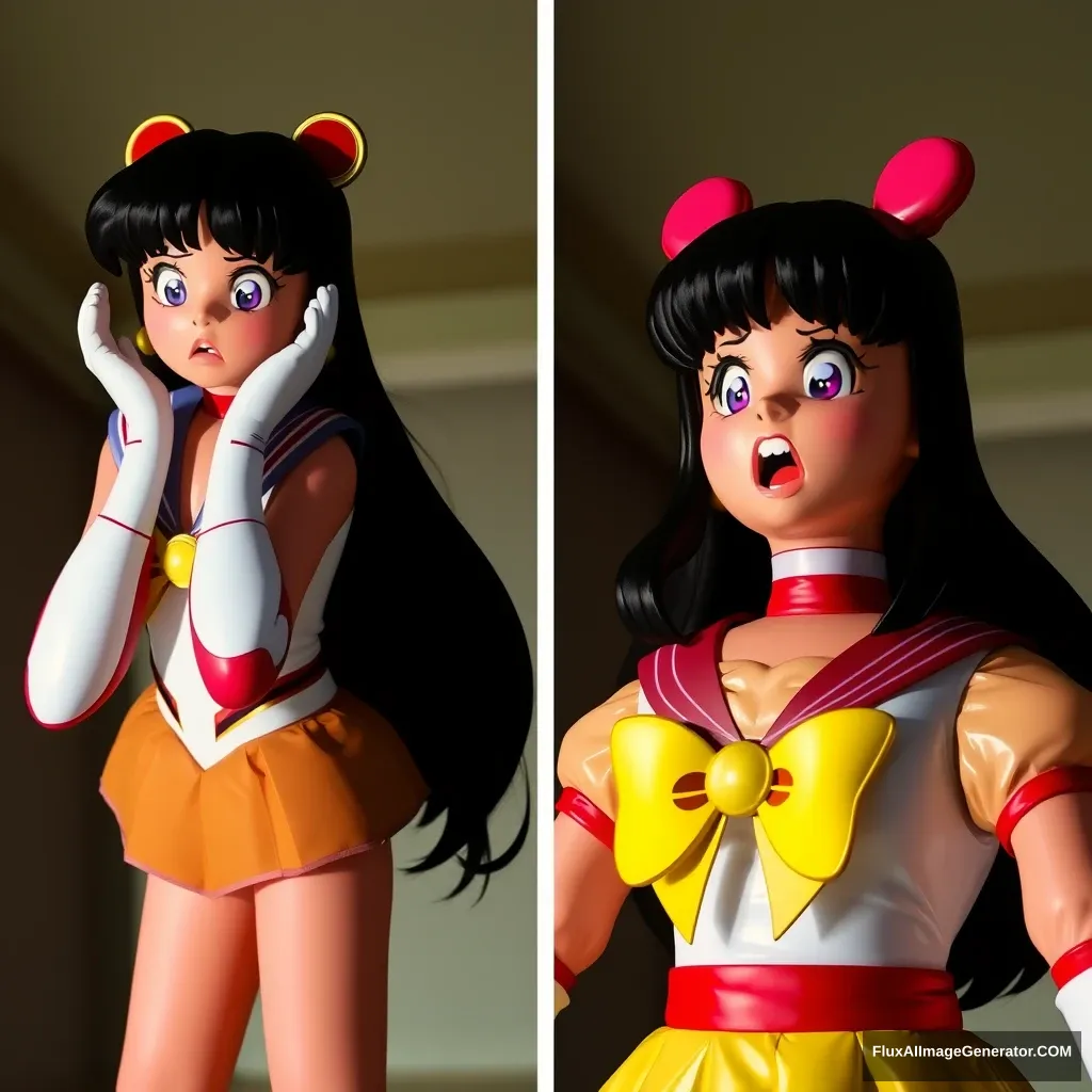 The photograph clearly depicts Sailor Mars panicking and freaking out as she is turned into an inflatable doll from left to right with stark contrast. - Image