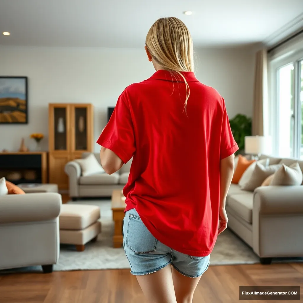 Back view of a blonde skinny woman who is in her massive living room wearing a massively oversized red polo t-shirt, which is very off balance on one of the shoulders, and wearing big light blue denim shorts that are knee-high. She is wearing no shoes or socks, faces the camera while getting off her chair, and runs towards the camera. - Image