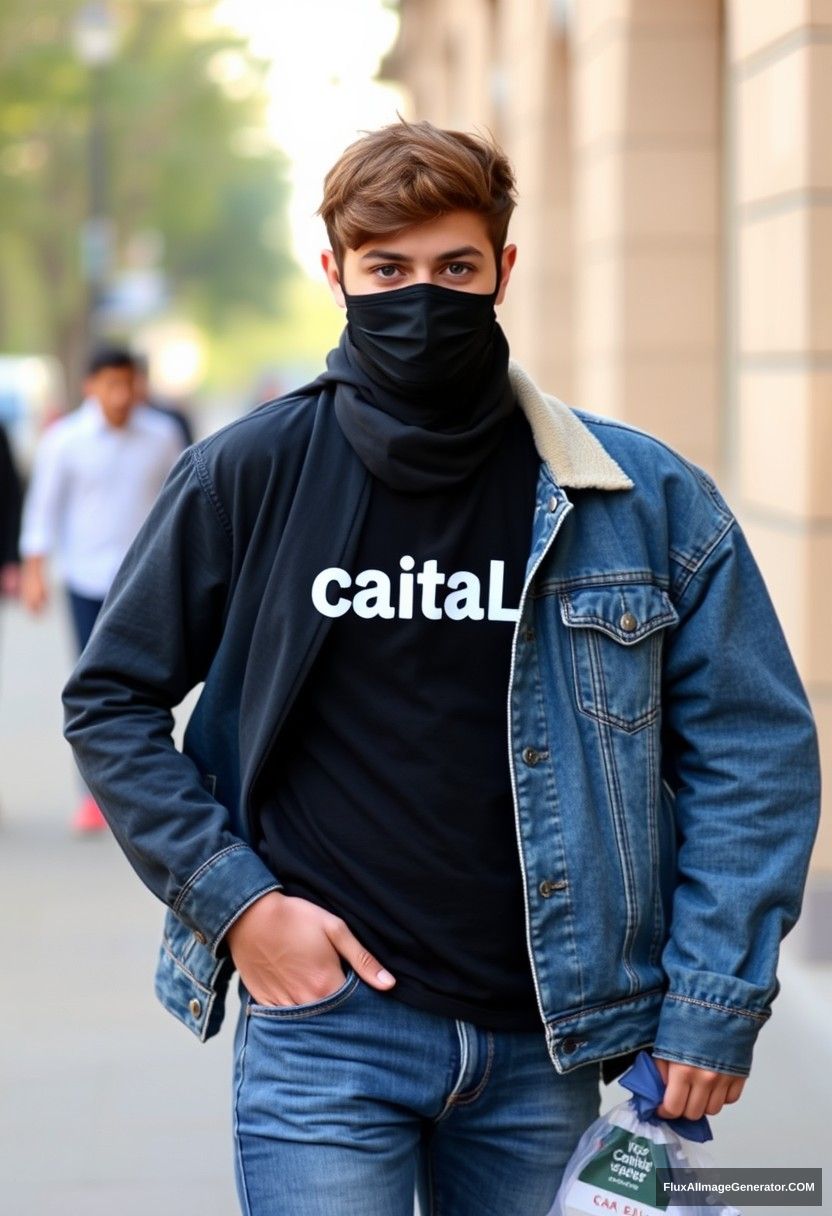 Jamie Dornan, young, black face mask, black T-shirt, capital A collage jacket, jeans, red sneakers, dating a romantic love with the biggest hijab, army green, Muslim girl, beautiful eyes, black face mask, jeans jacket, longest skirt, not tall girl, photorealistic, street photography, full photography. - Image