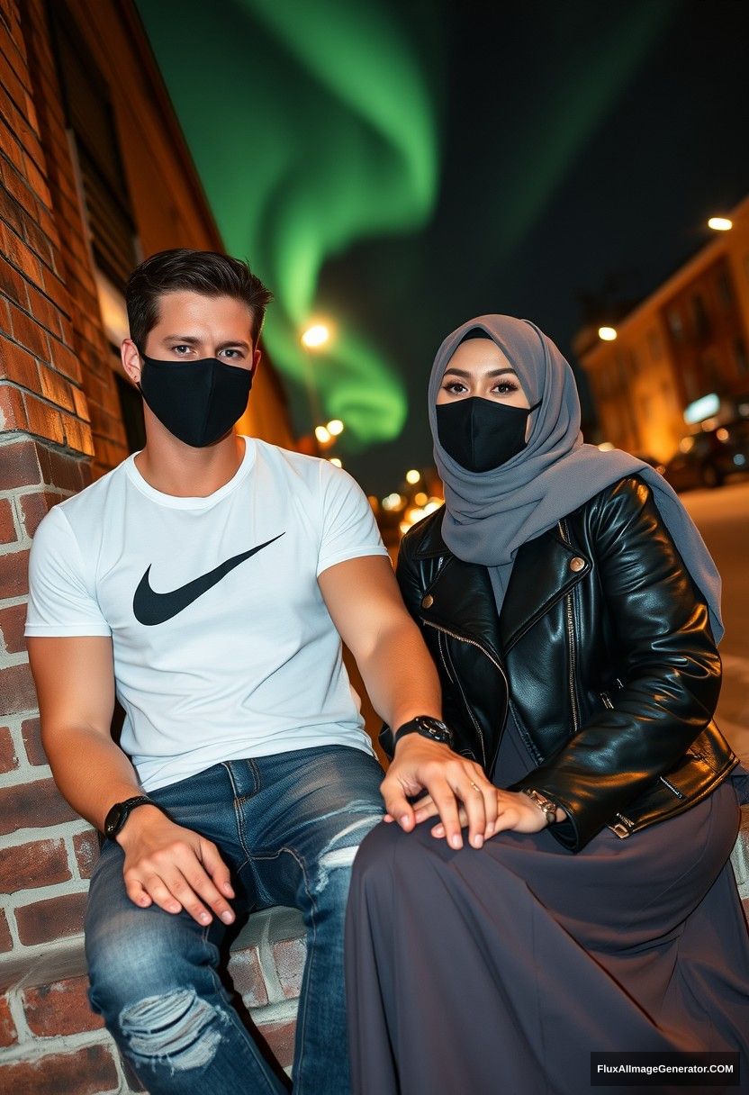 Jamie Dornan, tall and handsome, wearing a black face mask, a white Nike T-shirt, and jeans, is dating a lovely Muslim girl in a grey hijab with beautiful eyes, also wearing a black face mask and a leather jacket, and a very long and wide skirt. She is not a tall girl. They are sitting against a brick wall in town, in a photorealistic style, capturing street photography and selfie photos in a night scene with the aurora borealis. - Image