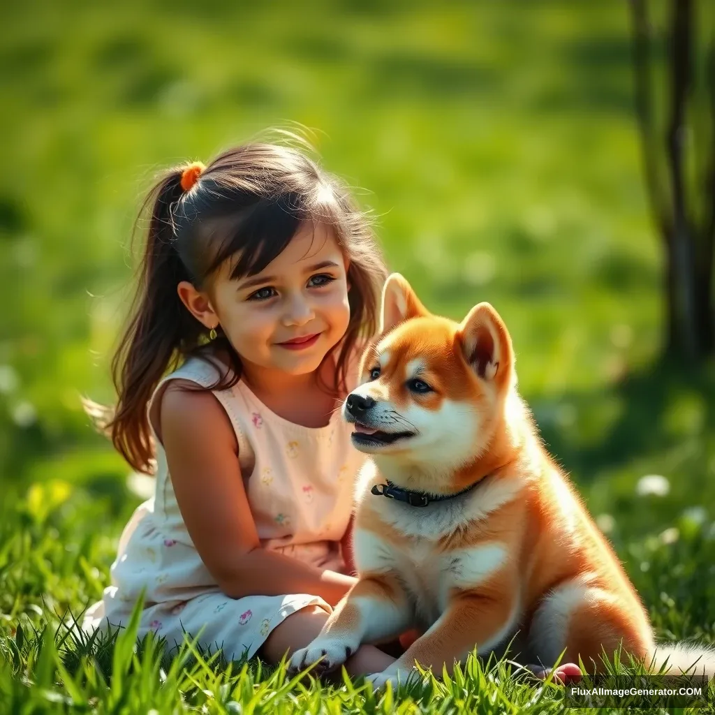 A young girl and a baby Shiba Inu sit in the garden basking in the sun, with the spring sunlight shining on her, and behind her are green meadows, masterful shot, fresh, realistic, Tyndall. - Image