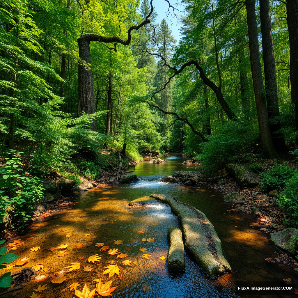 dream A dense forest filled with various types of trees, a small stream flowing out from the center of the forest. The water of the stream is crystal clear, reflecting the blue sky and the surrounding greenery. There are fallen leaves and branches floating on the surface of the stream. The forest is alive with the sounds of birds and insects. --hd --v 5