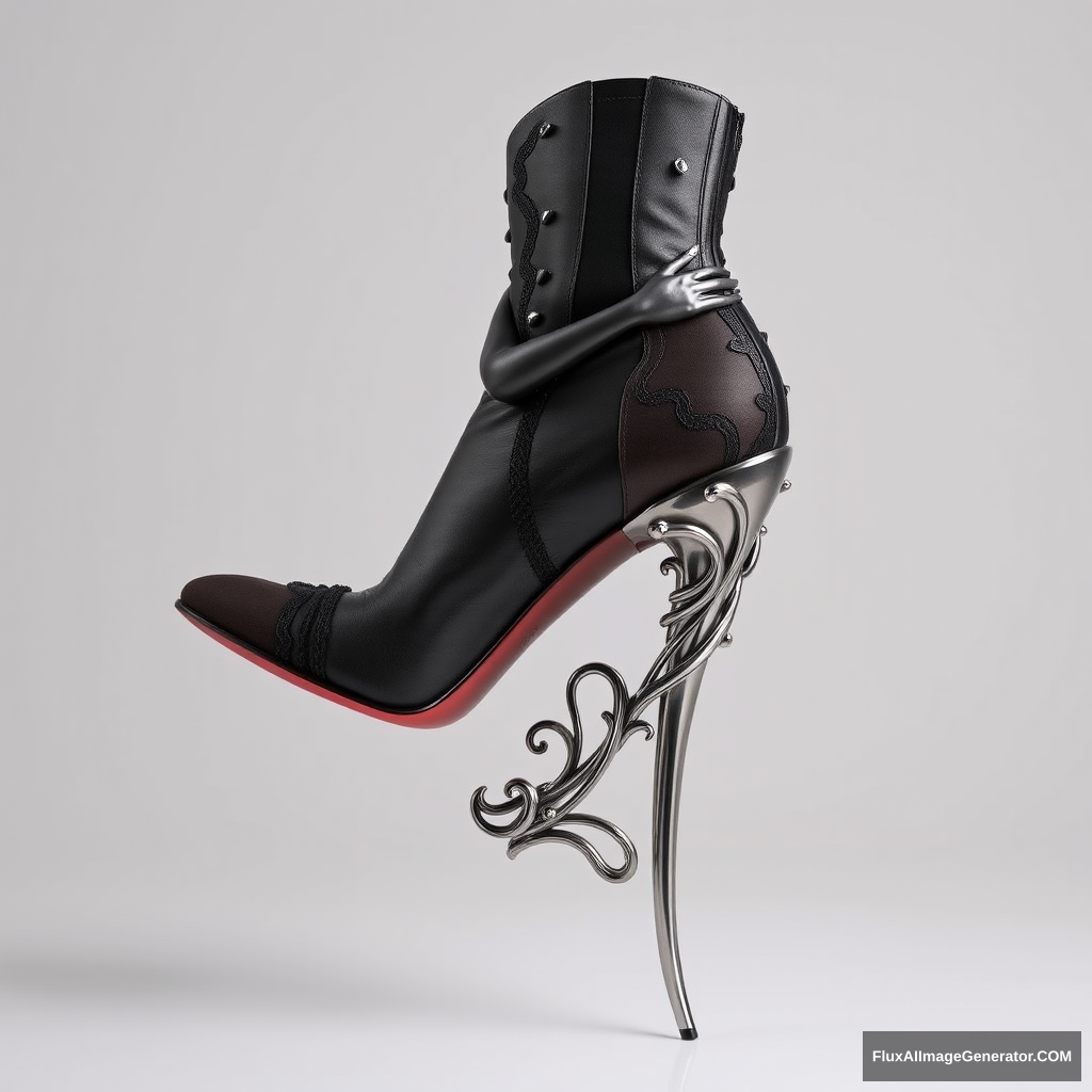 A high-fashion stiletto boot with a unique heel that represents a metallic sculpture of an entire woman's body in an artistic and sexy pose, embracing the heel and boot body, with intricate details, leather, suede parts, nails, and lace.