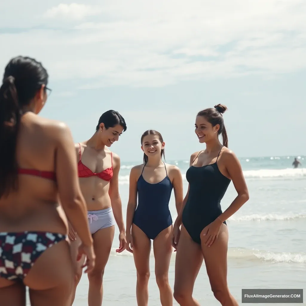 girl. bathing suit. on beach. with three friends.