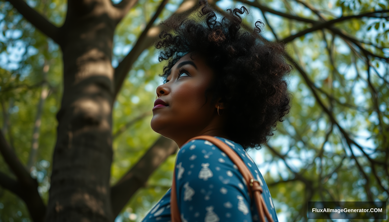 A woman is looking at the tree. Looking forward.