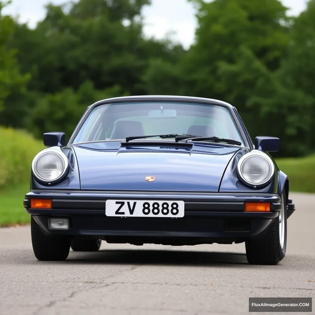 Porsche 911 SC Coupe 1977 in dark petrol blue with silver cookie cutter wheels without a rear spoiler. Registration ZV 8888. Three-quarter front view.