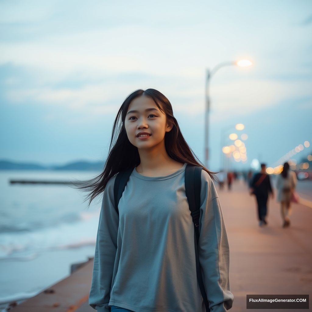 Female student walking by the seaside, beach, dusk, Chinese, street, young girl.