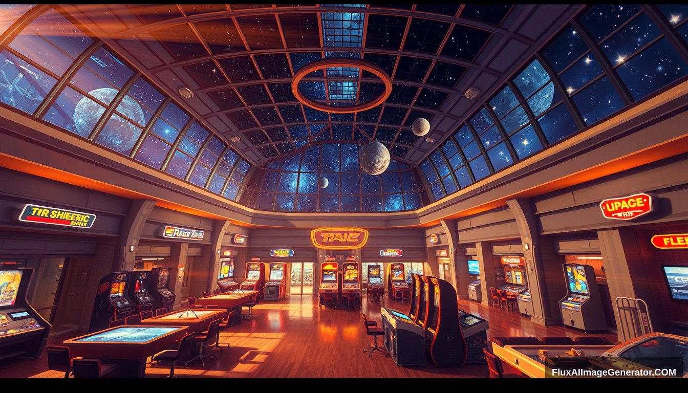 Cel shaded art, wide shot, from above, Dutch angle, from side, perspective, intense angle, depth of field space, universe, space station, lobby, sunlight, retro, 70s, indoor, night, star, neon, warm light, game room, entertainment, glass ceiling. - Image